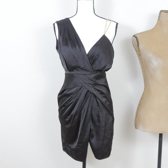 Missguided Black Satin Chain Drape Twist Mini Size 2 Retro Disco Sexy Dress NWT - Picture 1 of 13